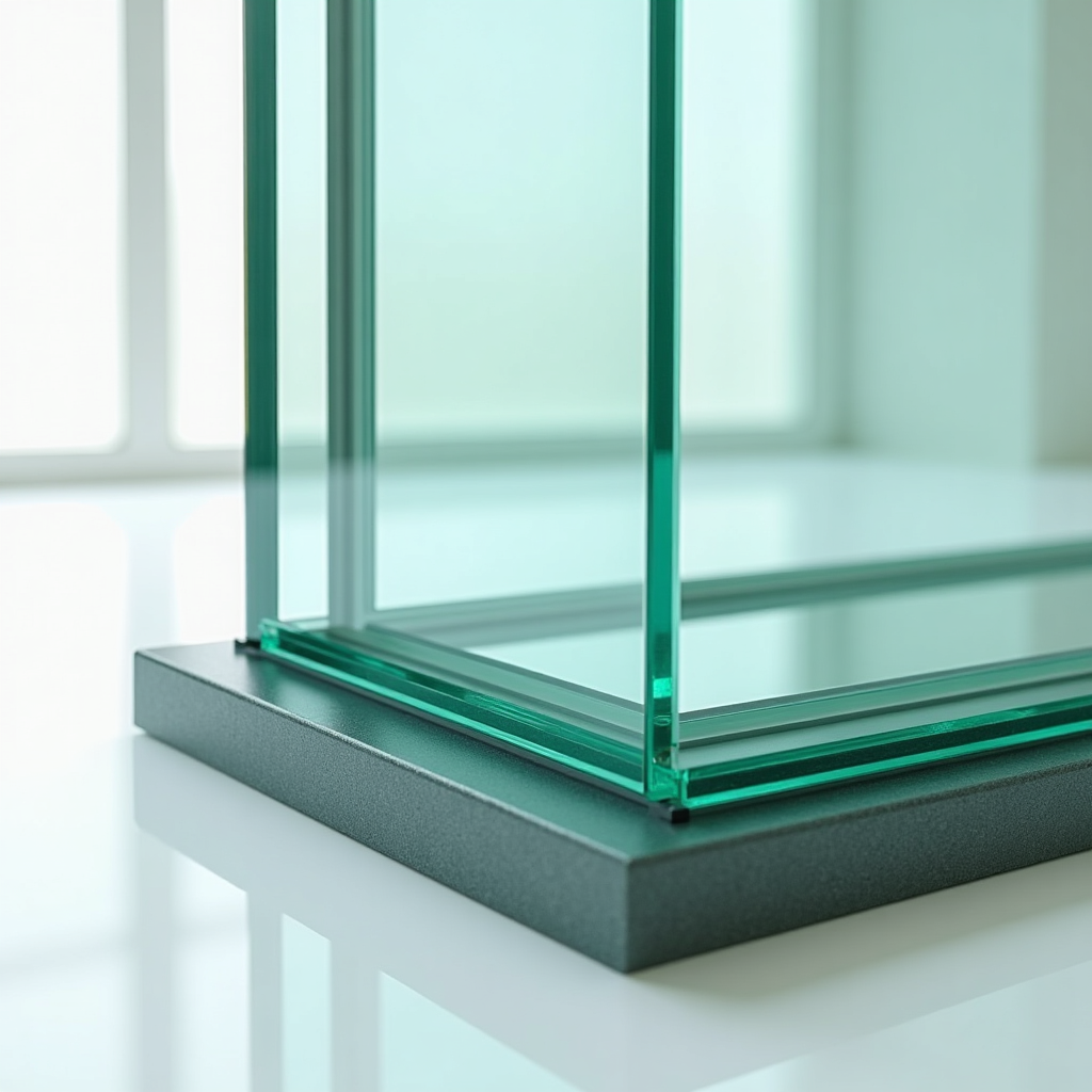Sơ đồ minh họa chi tiết cấu trúc 3 lớp của kính an toàn laminated với các lớp kí