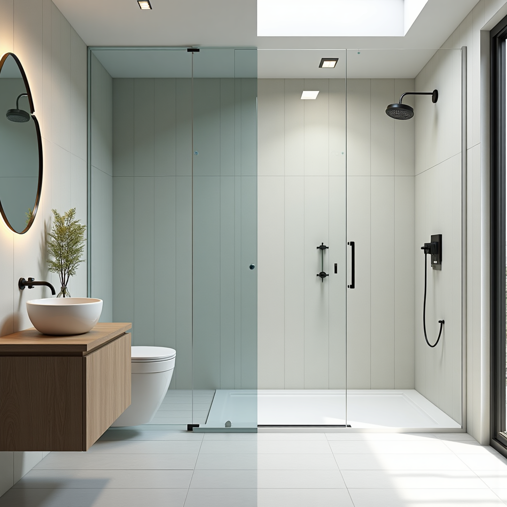 Ảnh before-after so sánh phòng tắm trước và sau khi lắp vách kính cường lực DAFA
