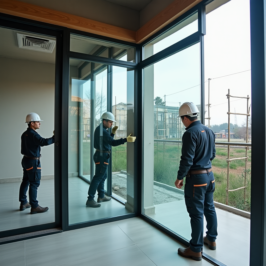 Đội ngũ thợ lành nghề của DAFA Glass đang thi công lắp đặt kính an toàn cho công