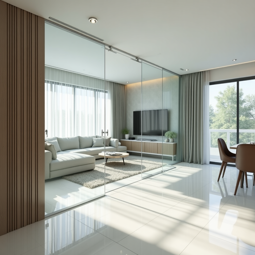 Ảnh chụp toàn cảnh không gian phòng khách hiện đại lắp đặt vách kính cường lực D